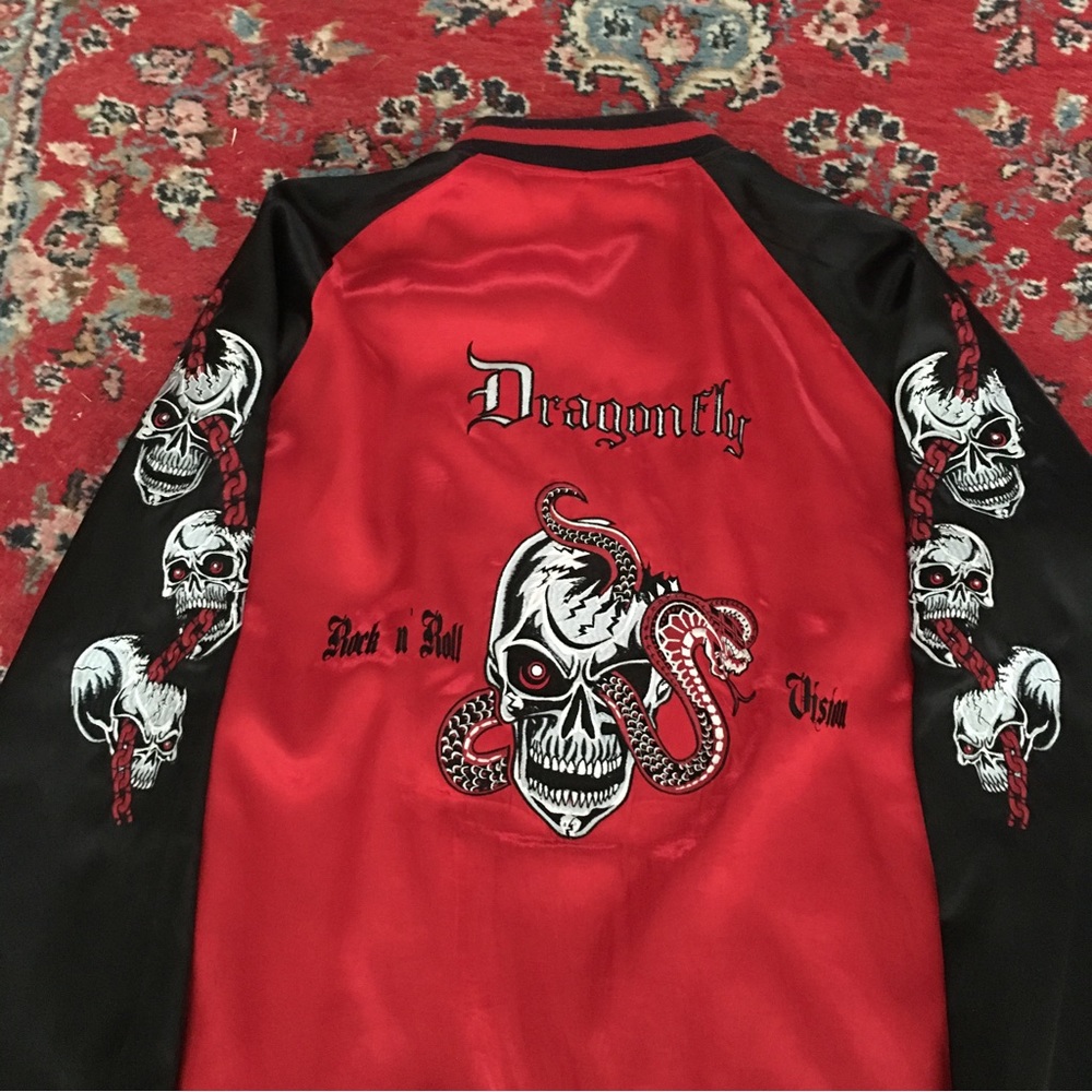 Vintage Dragonfly Skull Snake RocknRoll Satin Jacket RARE COLLECTIBLE REVERSIBLE